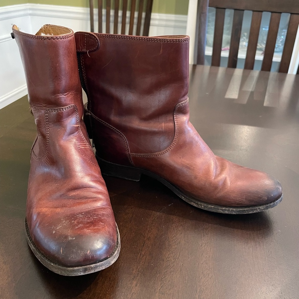Frye Brown Leather Boots, cowboy style, zip and snap closure, size 7.